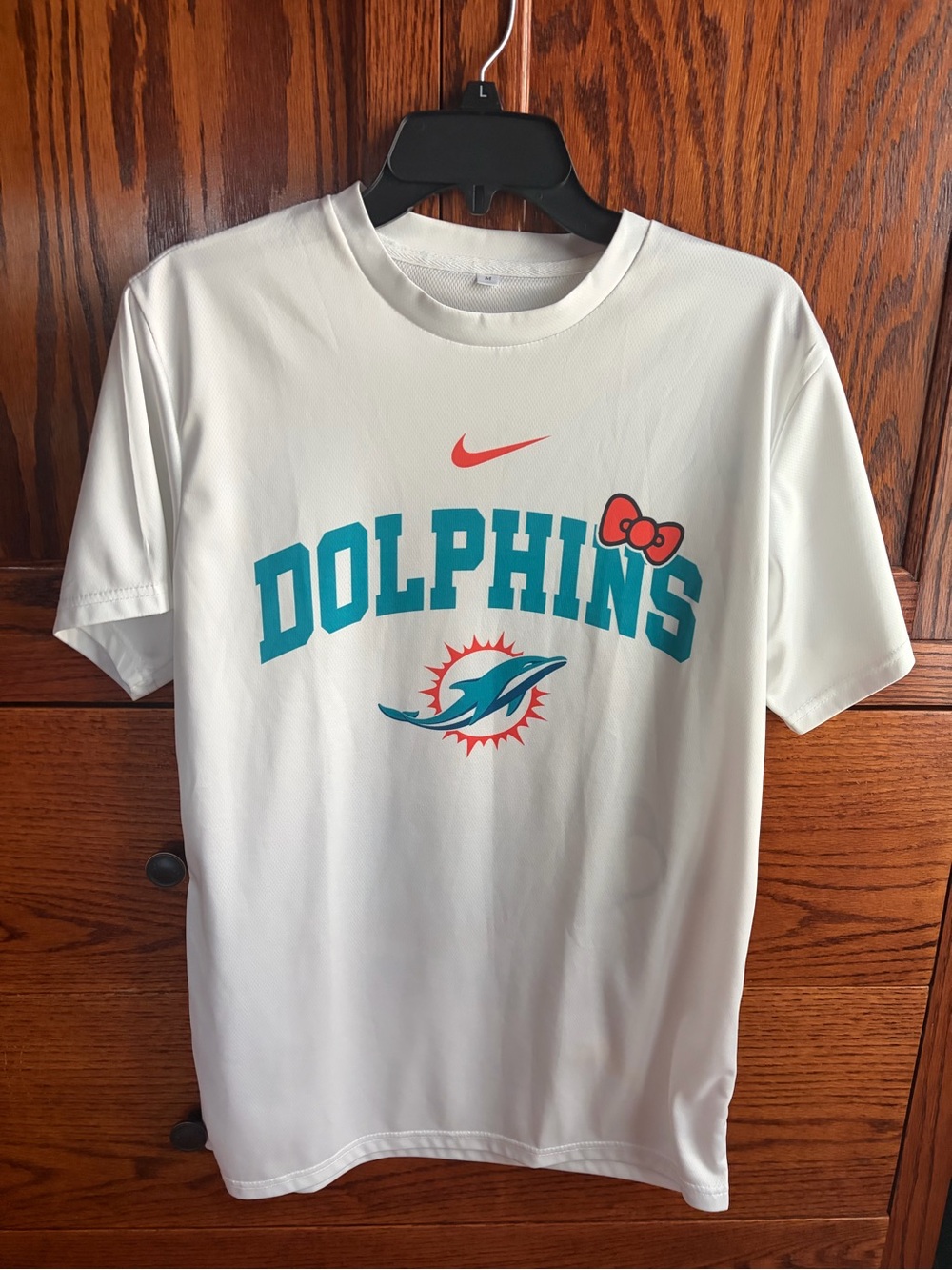 Ladies Nike White Dolphins Graphic Tee with Hello Kitty on Back